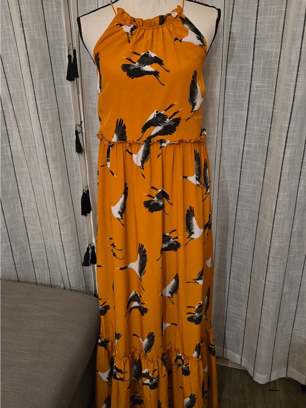 Roller Rabbit Mustard Yellow Bird-Print Halter Maxi Dress